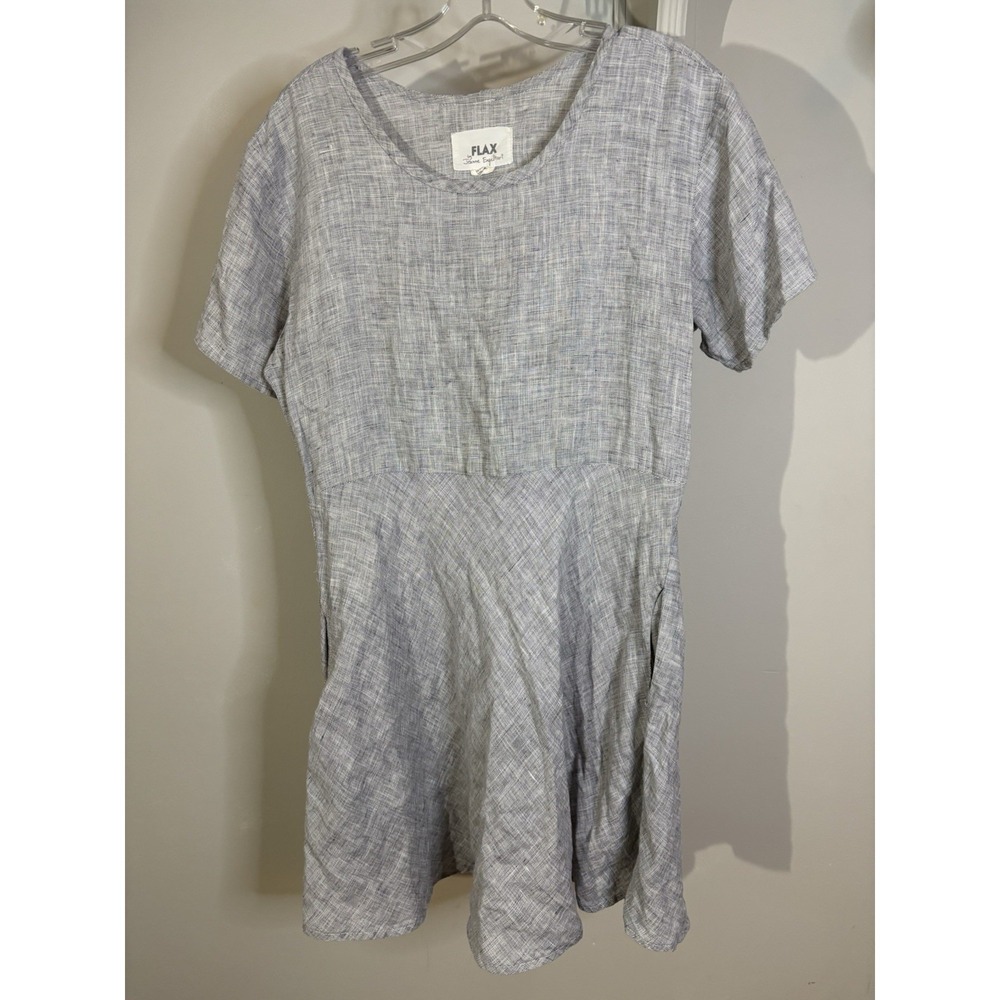 VTG FLAX JEANNE‎ ENGELHART Gray Scoop Neck Linen Dress S Short Sleeve